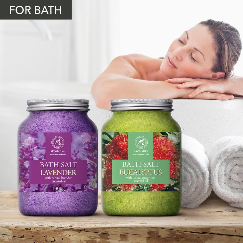 Bath Sea Salt Set 2х46Oz - Lavender & Eucalyptus - Natural Lavender Essential Oil - Eucalyptus Essential Oil - Aromatherapy - Relaxing - Calming - Body Care - Beauty - Bathing - Spa