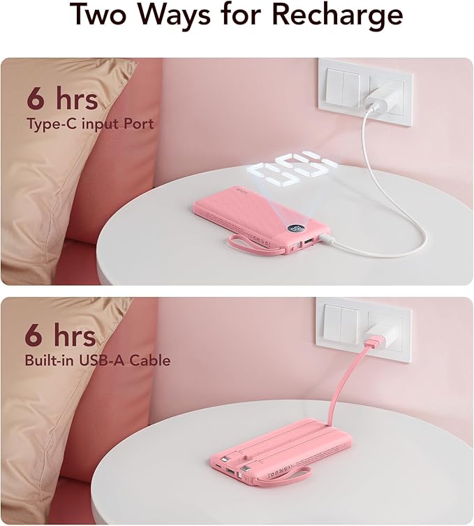 VRURC Portable Phone Charger, Travel Portable Charger with 4 Cables, 5 Outputs Slim USB C Power Bank for Hiking Camping Business, Built-in Cables for Multi Devices,Android-Barbie Pink(1 Pack)