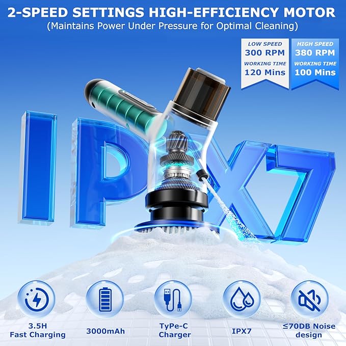 Electric Spin Scrubber,Cordless 2 Speeds Shower Scrubber with Foam &Remote Control,IPX7 Waterproof Adjustable Electric Scrubber for Cleaning with 7 Replaceable Brush for Bathroom Kitchen Car