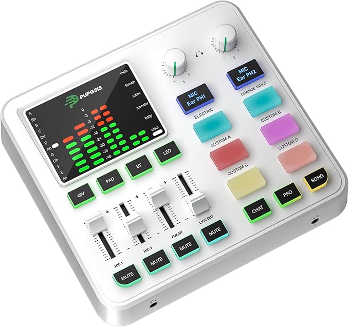PUPGSIS Gaming Audio Mixer, Audio Interface for PC/Podcast/Streaming, Sound Board with 3.5mm/XLR Mic Input, 48V Phantom Power, Voice Changer, Live Sound Card with DJ Mixer Effects/Bluetooth(White)