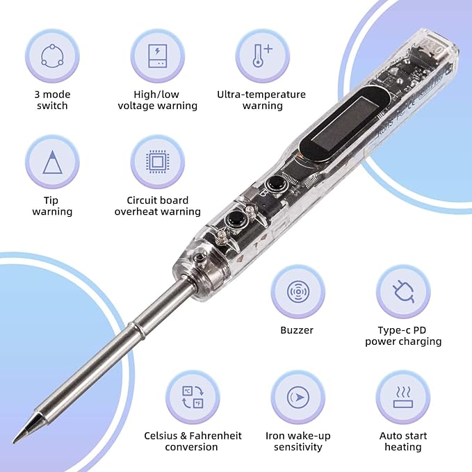 68W Electric Soldering Iron, SEQURE SI012 Pro Portable Solder Iron, OLED Screen Digital Soldering Tools, Auto Start Heating, 19V Power Adapter, PD/QC Charging, 2 Soldering Tips-T12 B2 & TS BC2