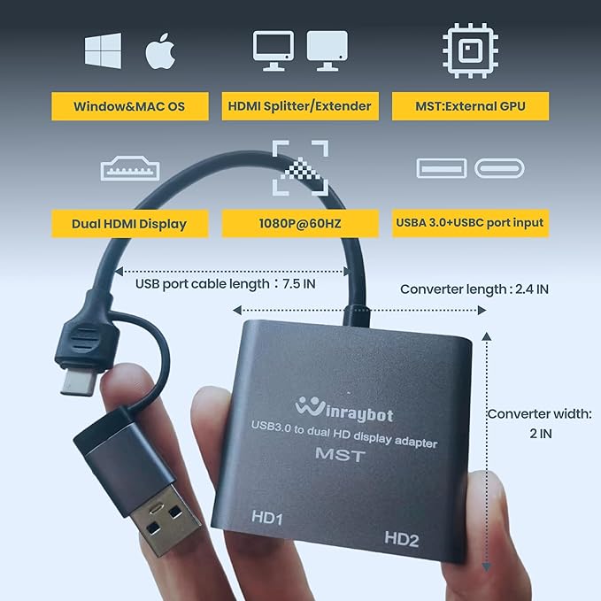 WinRaybot USB to HDMI Adapter for 2 Monitors-USB3.0 to Dual hdmi for 3 Monitors-USB to HDMI with Two HD Displau Supports Mac & Windows/Dual HDMI Extender -External Video & Graphics Card Adapter
