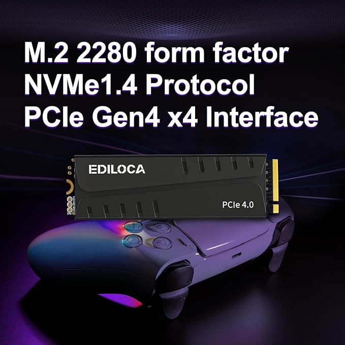 Ediloca 4TB PS5 SSD with Heatsink PCIe Gen4 NVMe M.2 Gaming SSD, 7400MB/s Read, 4GB DRAM Cache, 3D TLC | Internal Solid State Drive Compatible with PS5 & PC(EN855)