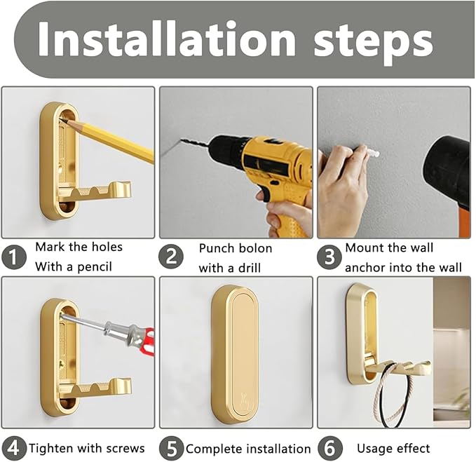 YipuVR 4PCS Gold Foldable Wall Hooks, Metal Folding Hooks Wall Mount, Easy Installation, Suitable for Bathroom Kitchen, Flip Down Hook for Wal l Hanging Coat, Bag, Towel, Key, Hat (Gold)