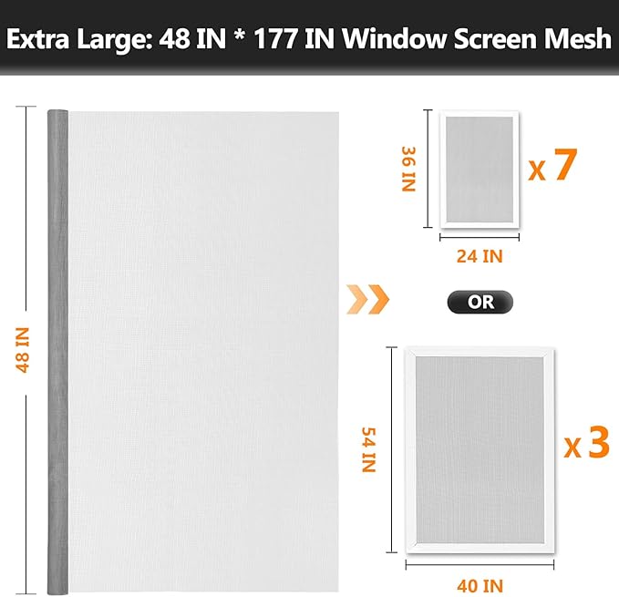 Secopad Window Screen Door Repair Kit, 48" x 177" Screen Door Mesh Replacement Kit, Durable Fiberglass Mesh Roll with Tools for Windows Doors Patio and Porch Replacement, Grey