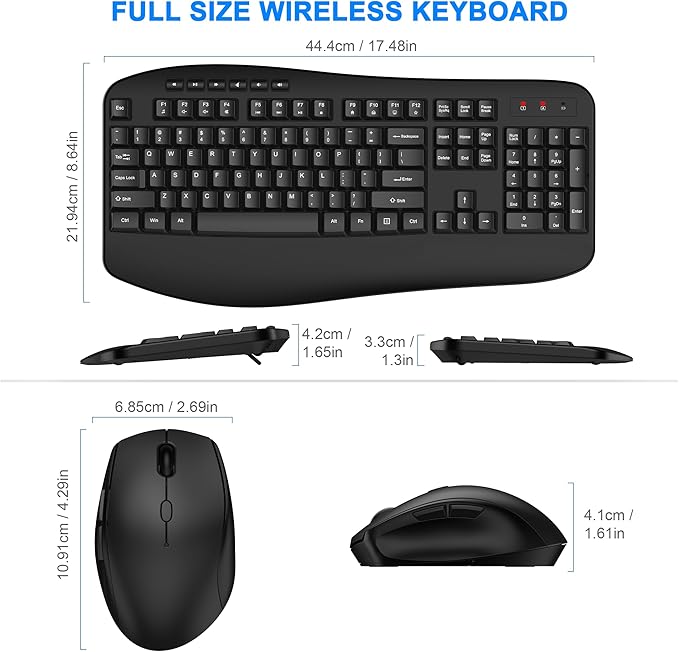 EDJO Wireless Keyboard and Mouse Combo, Full-Sized Ergonomic Computer Keyboard with Wrist Rest, 3-Level Adjustable DPI Wireless Optical Mouse, 2.4GHz Plug & Play for Windows Mac OS PC Laptop