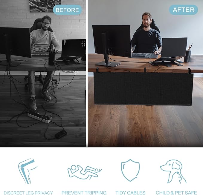 ERGO COLLECT No Drill Under Desk Cable Management and Privacy Panel 2 in 1 | Modesty Panel with Cord Organizer |Felt Standing Desk Back Skirt for Office,Home(47.2")