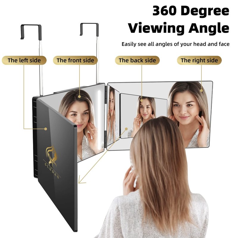 GLDDAO Three Way Mirror for Braiding Hair LED Lighted Trifold 360 Mirror for Women for Braiding Haircuts for Men Self Cut Shaving Barber Hair Cutting Tools