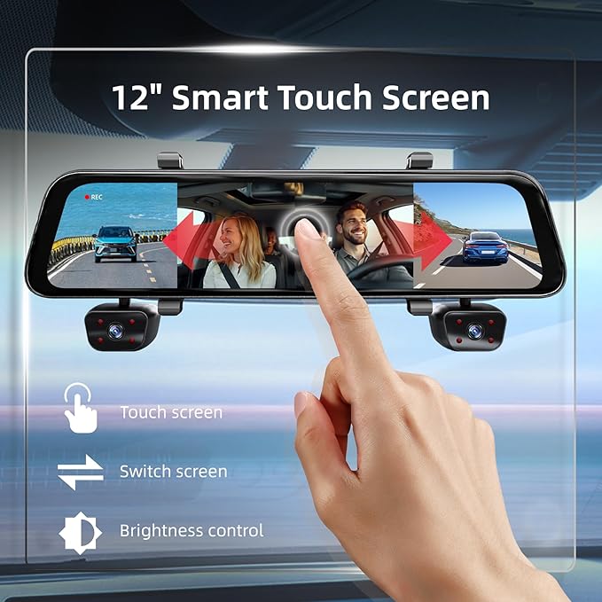 12" Rear View Mirror Camera,4 Channel Mirror Dash Cam Front and Rear Inside,Backup Camera for Cars,5.8GHz WiFi 360 Smart Rearview Camera,APP,GPS,Night Vision Backup Camera, Free 128GB SD Card