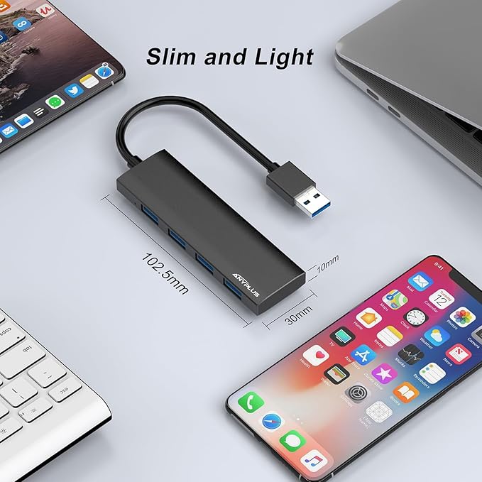 ANYPLUS USB Hub, USB 3.0 Hub Aluminum Alloy Ultra Slim USB Splitter, Portable 4 Port USB Extender, USB Hub for Laptop, PC, MacBook, iMac, Surface Pro, Mac Pro, Flash Drive, XPS 【Black】