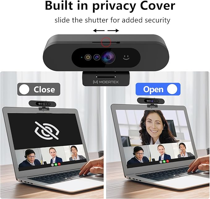 MOERTEK Window Hello Webcam, 1080P 30fps Camera with Noise-reducing Mic, Plug & Play, 90° Wide Angle, Built-in Privacy Cover, 360° Rotation & 90° Tilt, Perfect for Zoom, Google Meet, Microsoft Teams