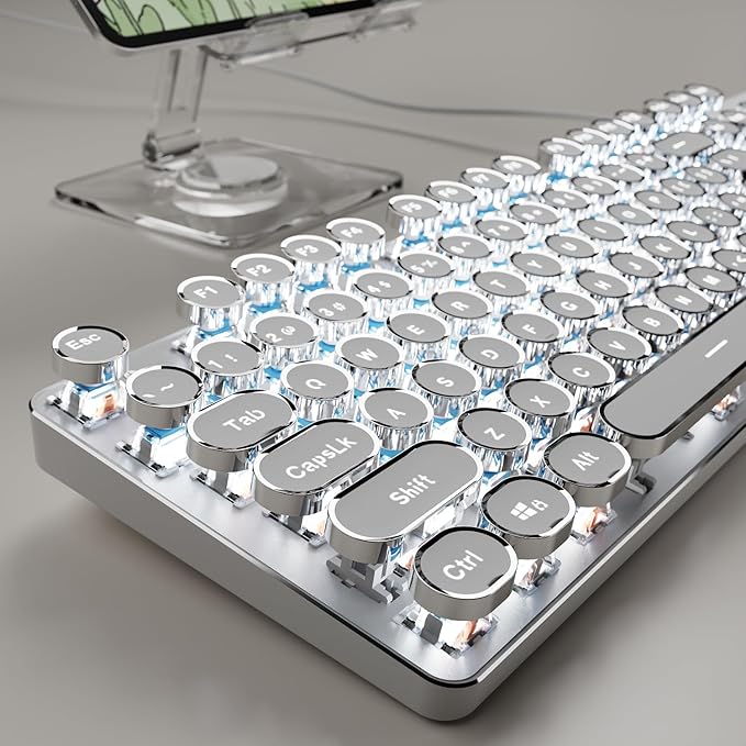 SEUNKWANG EWEADN TK100 Typewriter Style Wired Mechanical Keyboard, 104 Keys Aesthetic Typewriter Keyboard with White Backlit, Anti-Ghosting, Blue Switch Wired Cute Keyboards-White