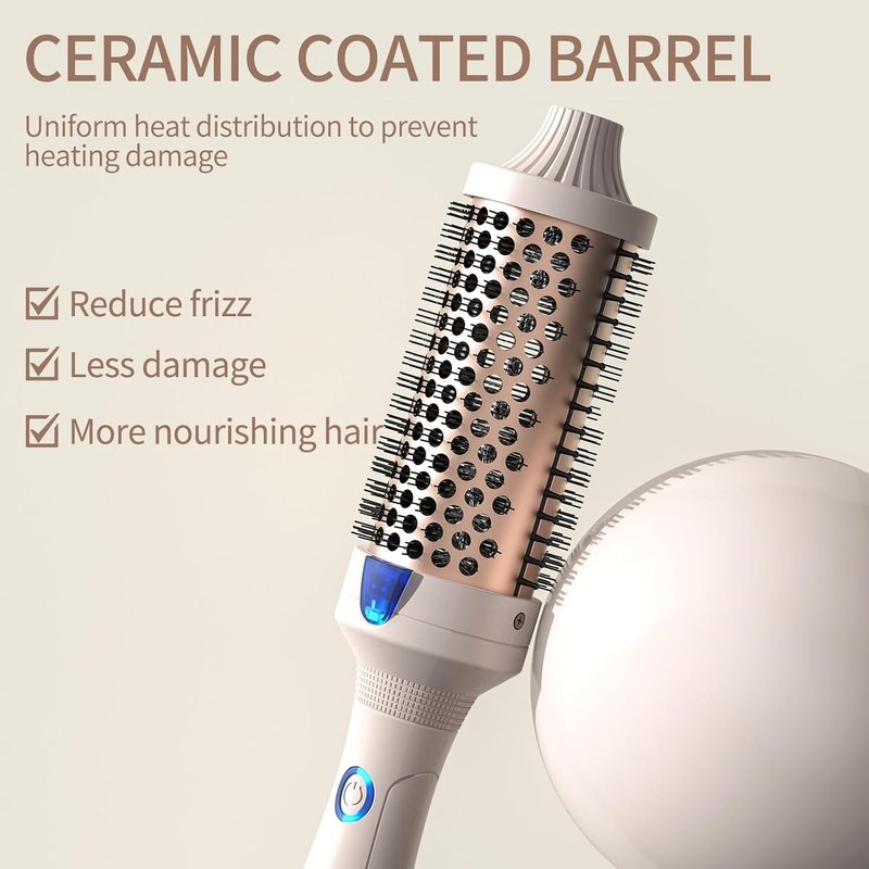Heated Curling Iron - 1.77 Inch Volumizing Brush with Ceramic Tourmaline | Travel-Friendly Design in Pale Pink