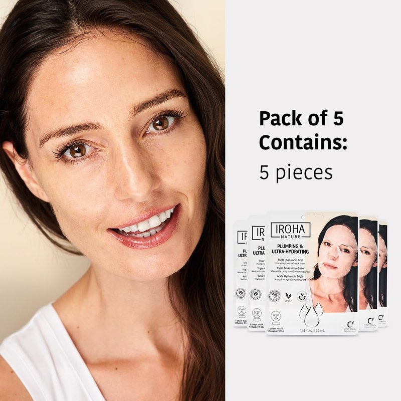 IROHA NATURE Replumping & Anti-Aging Tissue Face Mask (Pack of 5) | With Triple Hyaluronic Acid | Deep Hydration & Anti-Aging Effect | For Softer Skin | 100% Vegan