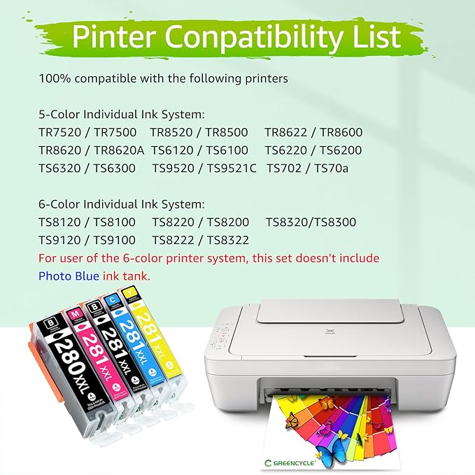 280 281 Ink Cartridges Compatible for Canon 280XXL 281XXL Ink Cartridges 5 Pack PGI-280XXL CLI-281XXL Work for TR8620a TR8620 TR8620a TS6320 TR7520 TS6120 TS6220 TS8220 TS9520
