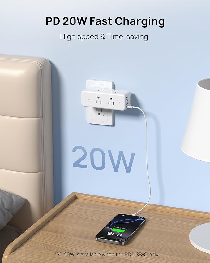 TROND Outlet Extender with 360° Rotating Plug, 6 AC Outlet Splitter with On/Off Switch, Multi Plug Adapter with PD 20W USB C, 2 USB-A & 2 USB-C, 3 Way Wall Extension Outlet for Home Office Travel