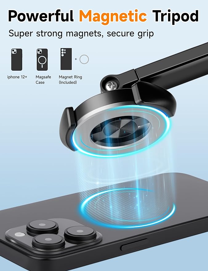 70" Magnetic Phone Tripod, Selfie Stick Tripod for iPhone MagSafe & Camera with Rechargeable Remote & 2 in 1 Magnetic Holder, 360° Rotatable Portable Cell Phone Stand for Travel Vlog Video Recording