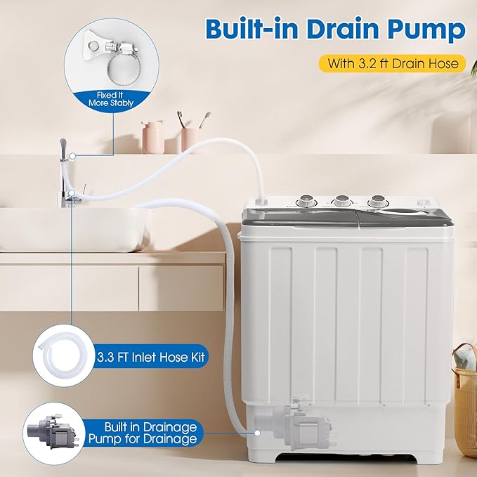 Portable Washing Machine Twin Tub - 28lbs Compact Washer(18lbs) and Dryer(10lbs) Combo with Drain Pump - Mini Laundry Machine for Apartments, Dorms, RVs, and Camping - Grey