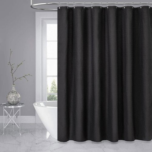 Dynamene Stall Fabric Shower Curtain - 48 inch Wide Waffle Weave Weighted Thick Cloth Shower Curtains for Bathroom, Neutral Heavy Duty Hotel Spa Luxury Bath Curtain Set with 8 Hooks, 48x72, Black