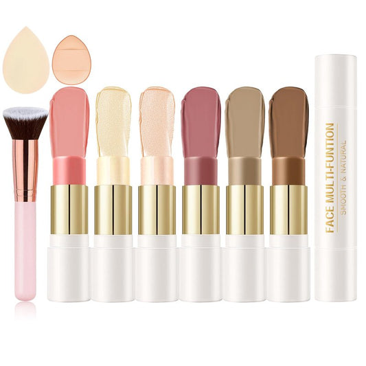 6 Pcs Cream Contour Stick Makeup Kit, Shades with Highlighter, Bronzer and Blush Sticks for Sculpt the Face All Skin Type, with Brush, Makeup Sponge, Buildable for Beginner Professional Set A