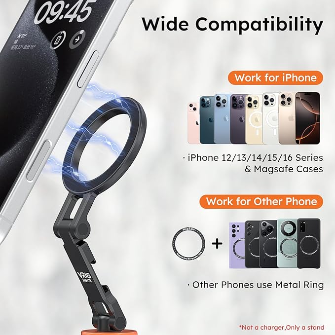 VRIG MG-28 Magnetic Phone Tripod Mount,1/4" Thread Cold Shoe 360° Rotation,for iPhone17 16 15 14 13 12 Pro All Series,Magnetic Ring Magsafe iPhone Tripod Mount Adapter