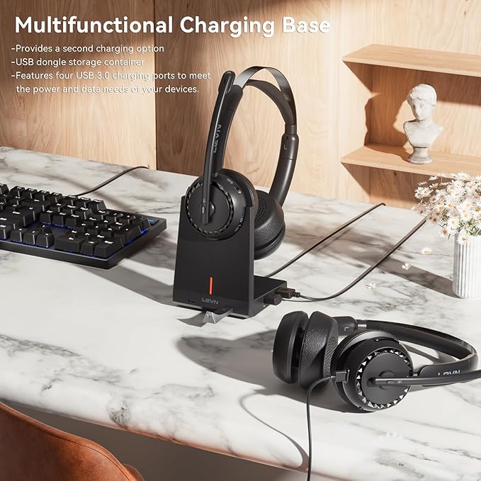 LEVN Wireless Headset 5.2 for Call Center, BluetoothHeadphones with Mic for Work(Noise Cancelling), 65 HoursWoktime & Mute Button,Wireless Headset for Work fromHome/Office/PC/Computer/Laptop(Silvery)