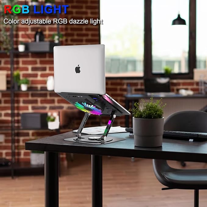YTech Laptop Stand,with 360°Rotating Base,External Cooling Fan,Adjustable RGB Lighting,Ergonomic Foldable Notebook Computer Holder.Compatible with All 10-17" Laptops Tablets,Black
