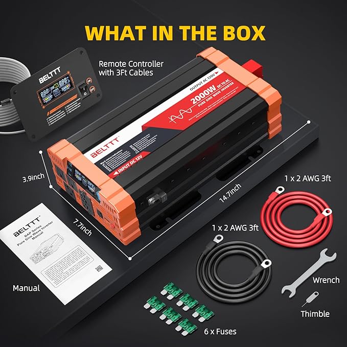 BELTTT 2000W Pure Sine Wave Inverter, Inverter 12V DC to 120V AC for Solar, RV, Truck, Outdoor, Power Inverter with Dual AC and 20A Socket, 5V 2.1A USB, Surge 4000W, Hardwire Port, Remote Controller