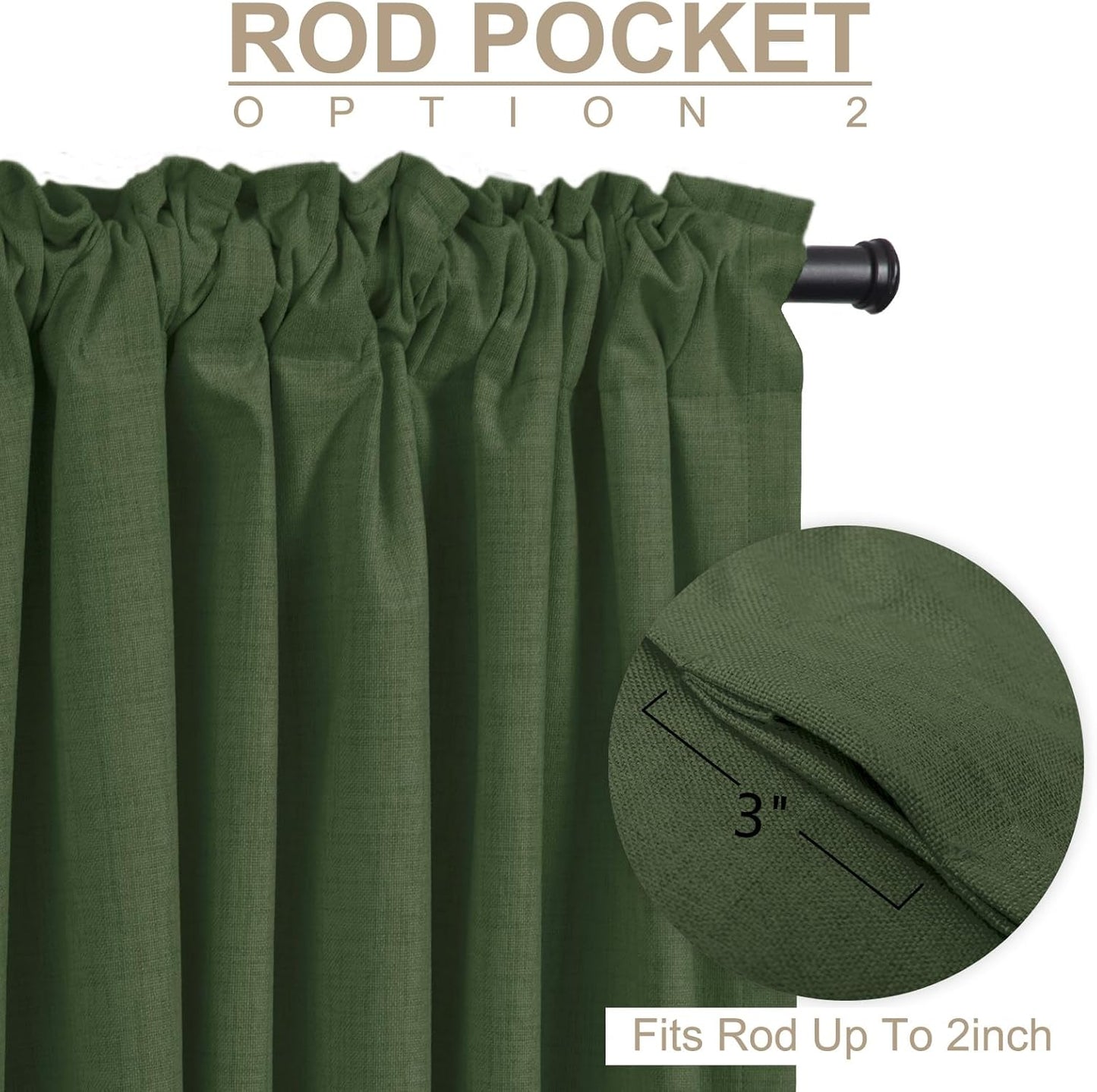 Skiennix 100% Blackout Linen Curtains - Thermal Insulated Drapes, 50" W x 102" L, Moss Green | 2 Panels Set