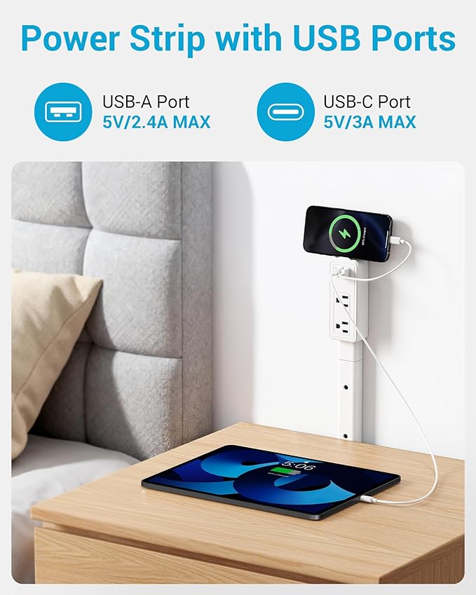 Outlet Extender Stick, 360° Rotatable Plug Expander with 2AC Outlets, 2USB-A, USB-C, 9"-36" Extendable Wall Plug for Hard-to-Reach Areas Behind Couch, Nightstands, Bed & Furniture, Dorm Essentials
