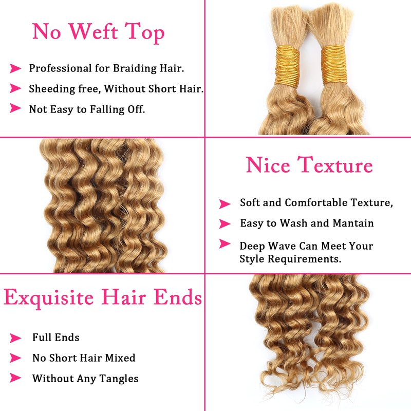 Human Braiding Hair for Boho Braids 100g Deep Wave Boho Hair for Braiding Knotless 12A Wet and Wavy Curly Bohemian Bulk 2 Bundles 100% Human Hair Extensions No Weft #27 Honey Blonde 16 16 Inch