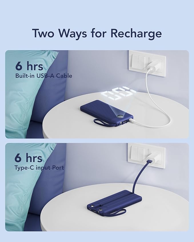 VRURC Portable Charger, Built in 4 Cables & Lanyard Power Bank 10000mAh, Compact USB C Phone Charging Bank 5 Outputs for Multi Devices,Travel Essential for Hiking Camping Business-Navy(1 Pack)