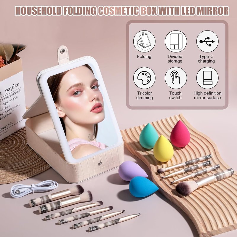 LED Makeup Mirror Case - 15-Piece Travel Makeup Brush Set with Sponge | Perfect for Beauty Routine