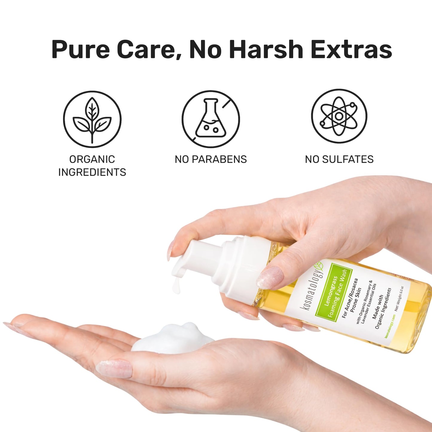 kosmatology Lemongrass Foaming Face Wash - Organic Acne Face Wash & Hydrating Facial Cleanser - Natural Face Wash for Acne-Prone skin, 6.0 oz.