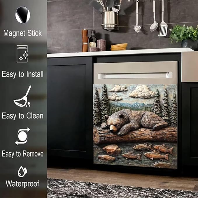 Rustic Bear and Fish Scene Kitchen Decor Dishwasher Magnet Cover Decal, 3D Embossed Wildlife Magnetic Dish Washer Panel Door Vinyl Sticker, Refrigerator Magnets,Easy to Clean, 23 x 26 inch
