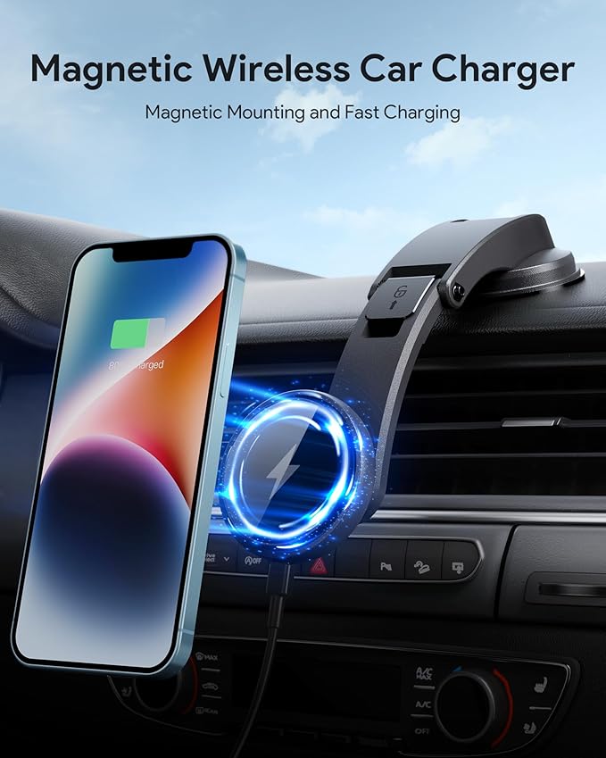 Magnetic Wireless Car Charger Mount 15W Compatible with Magsafe Car Charger SMOONFACE, Dashboard Car Phone Holder for iPhone 17/17 Air/17 Pro/17 Pro Max/16/16 Pro/16 Pro Max/15/14/13/12/12Pro/Mini