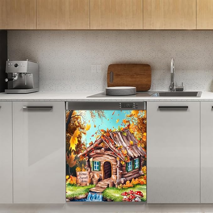 Autumn House Fall Dishwasher Magnet Cover for The Front Magnetic Dishwasher Door Covers Dish Washer Sticker Wrap Home Decorative Appliances Panel Decal Kitchen Decor 23" x 26" (Magnetic)