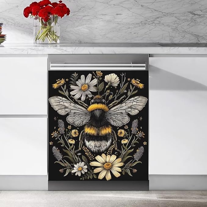 Flower and Bee Pattern Dishwasher Magnet Cover Sticekr,Refrigerator Magnet Cover Decal Fridge Microwave Stickers Kitchen Decor,23W x 17H inchs