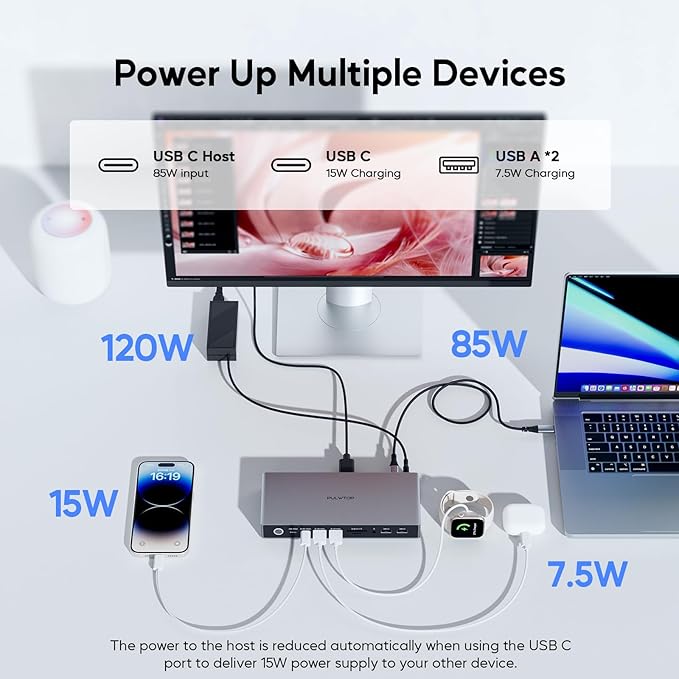 PULWTOP Displaylink Docking Station, USB C Docking Station Dual Displays for MacBook M1/M2/M3/M4 Windows, 4K@60Hz Displaylink Dock with 2 HDMI, 2 Display Port, 2USB C Data, 6 USBA, Ethernet, Audio