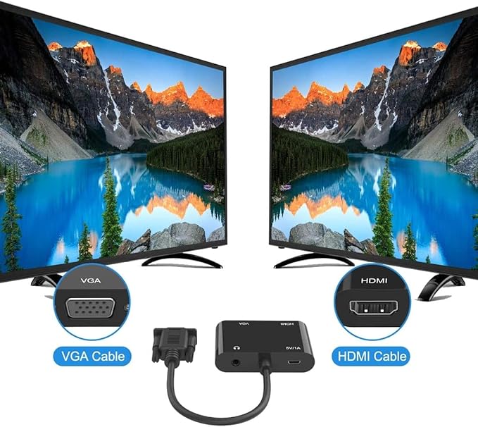 WJBCNEENT VGA to HDMI VGA Audio Video Cable Adapter Converter Splitter with 3.5mm Audio USB Power for 2 Monitors, Computer, Desktop, Laptop, PC, Projector, HDTV 1080P, Plug and Play