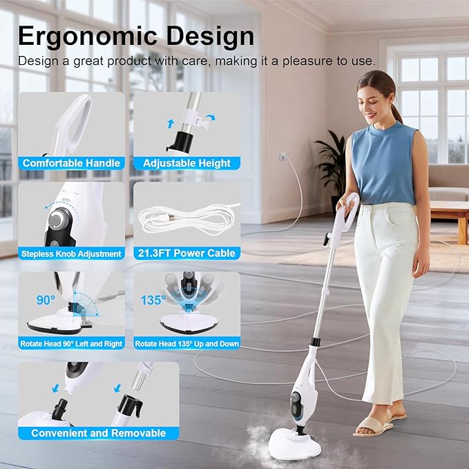 11-in-1 Steam Mop, 1550W Powerful Handheld Steam Cleaner, 260Â°F Multi-Functional Floor Steamer with 21.3FT Cord for Floors, Hardwood, Tiles, Grout, Windows, Kitchen, Bath, Adjustable (White)
