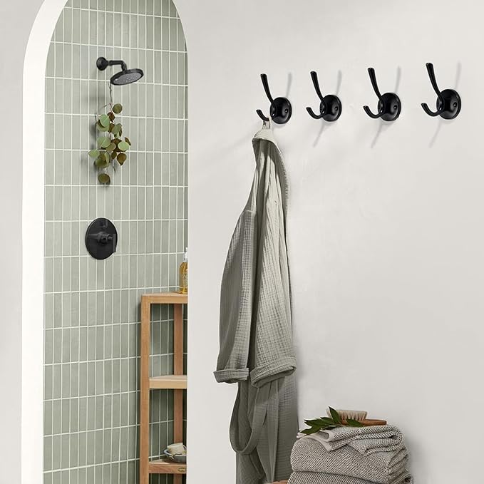 NETLKLA 4 Packs Black Coat Hooks, Decorative Double Prong Metal Closet Hooks for Hanging Towels, Robes in Bathrooms, Kitchen