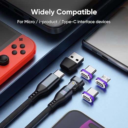 Bojianxin 240W Magnetic Charging Cable ，180°Rotating USBC to USB C Magnetic Data Cable ，Micro USB Phone Fast Charger Cable Data Transfer for Laptop/Tablet/Smart Phone (3ft)