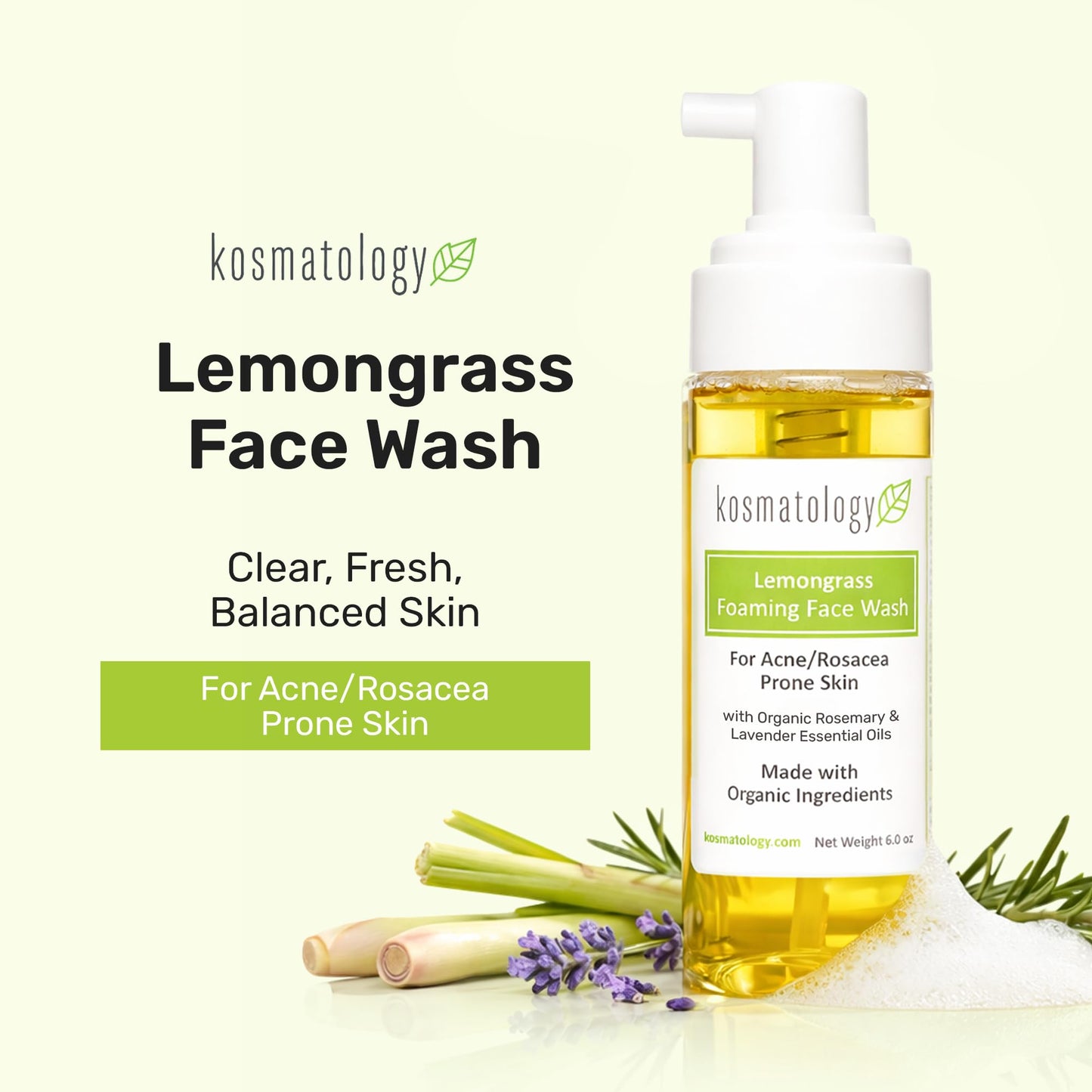 kosmatology Lemongrass Foaming Face Wash - Organic Acne Face Wash & Hydrating Facial Cleanser - Natural Face Wash for Acne-Prone skin, 6.0 oz.