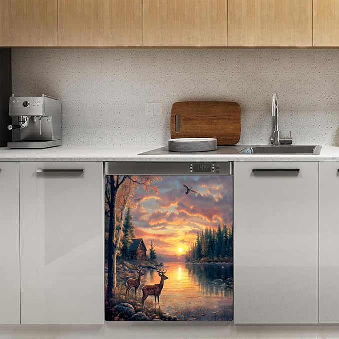 Autumn Lake Deer Sunset Dishwasher Magnet Cover for The Front Magnetic Dishwasher Door Covers Dish Washer Sticker Wrap Home Decorative Appliances Panel Decal Kitchen Decor 23" x 26" (Magnetic)