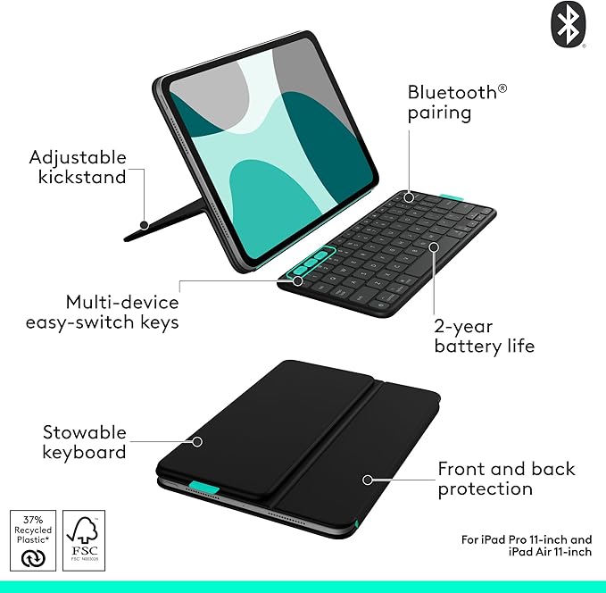 Logitech Flip Folio, Keyboard Case for iPad Pro 11-inch (M4 & M5) & iPad Air 11-inch (M2, M3 & M4)(5th Gen) - Protective & Stowable Bluetooth Keyboard Case, Multi-Device - Midnight Black
