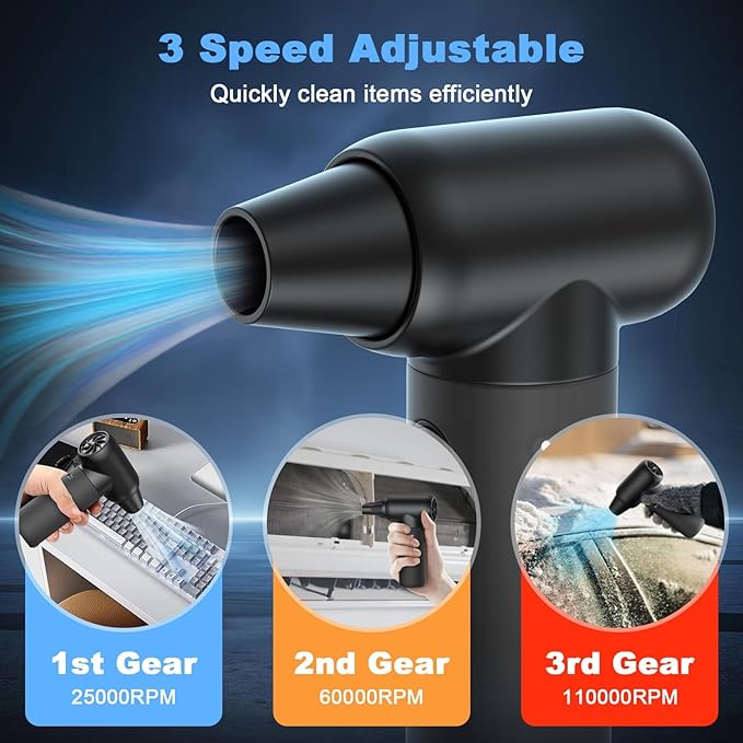 Ekmoey Electric Air Duster, 110,000 RPM 3 Gear Adjustable Cordless Air Blower, 6000mAh Rechargeable Battery,Portable Dust Cleaner for Computer, Home & Outdoor,Replaces Compressed Air Cans