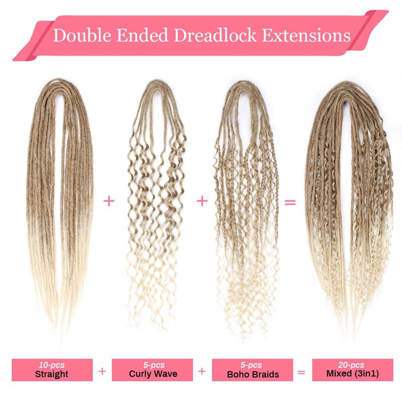 KRALER 24 Inch Mixed DE Dreadlock Extensions Sets, 3 in 1 20 Strands Synthetic Double Ended Dreads Extensions, Brown to Blonde Hippie Crochet Dreads Style for Girls