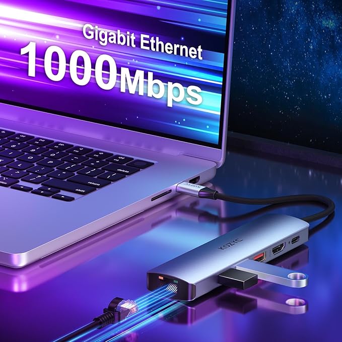 USB C Hub Ethernet, KOZYC 6-IN-1 USB C Hub with 10Gbps, HDMI 4K 60Hz, 1Gbps Ethernet, 3xUSB-A 3.2 , 100W PD Compatible with MacBook Air/Pro, XPS13/15, Dell