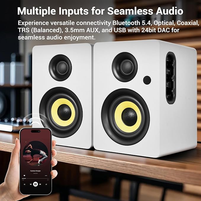 Sanyun SW206 80W Active Dual-Mode Bookshelf Speakers, 4” Studio Monitor & HiFi Mode, Upgraded 3D Sound Field, 6.35mm TRS Balanced, Bluetooth 5.4, Optical Coaxial Aux USB 24bit DAC, White